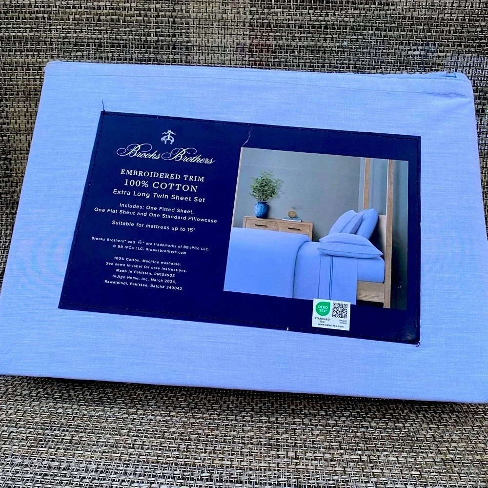 Brooks Brothers Brooks Embroidered Blue Cotton TWIN XL Sheet Set 3pc